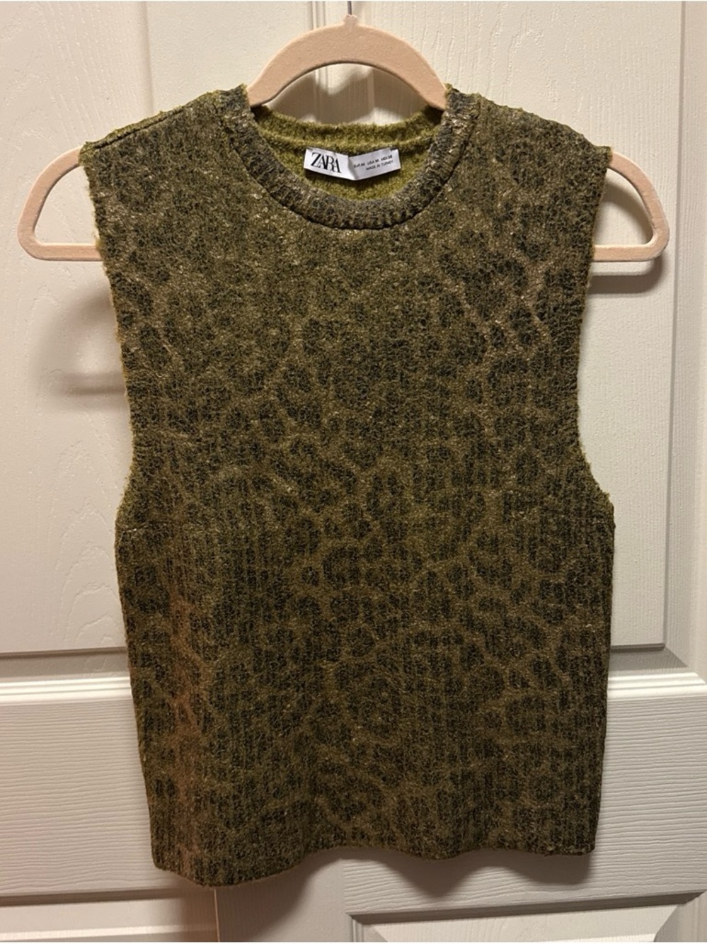 Zara Olive Green Sleeveless Knit with Subtle Animal Texture